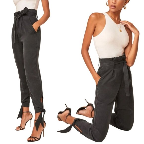Reformation Avalon Pant Tie Ankle Paperbag Waist Black Size 8 - Picture 6 of 13